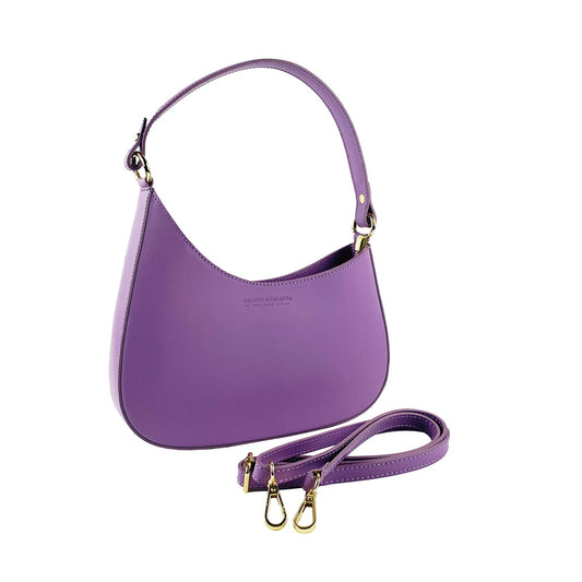 RB1013CI | Women's shoulder bag with removable shoulder strap in genuine leather, Made in Italy. Attachments with shiny gold metal snap hooks - Color: Lilac - Dimensions: 28 x 6 x 25 cm + 12 (handle)-0