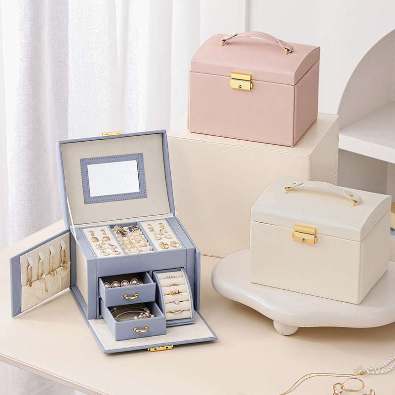 NNEDSZ Light Blue Luxury PU Leather Jewelry Storage Box - 3-Tier Organizer with Mirror for Necklaces, Earrings, and Rings(Jewelry is a photo prop and is not included)