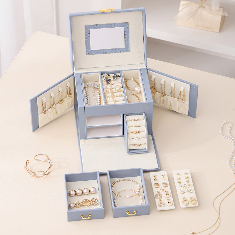 NNEDSZ Light Blue Luxury PU Leather Jewelry Storage Box - 3-Tier Organizer with Mirror for Necklaces, Earrings, and Rings(Jewelry is a photo prop and is not included)