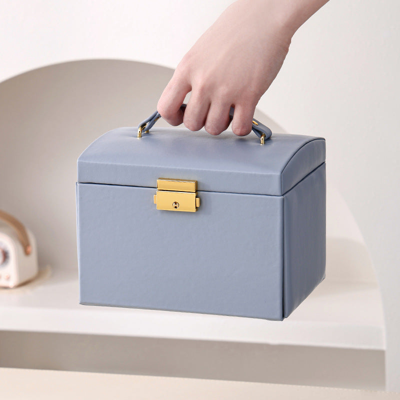 NNEDSZ Light Blue Luxury PU Leather Jewelry Storage Box - 3-Tier Organizer with Mirror for Necklaces, Earrings, and Rings(Jewelry is a photo prop and is not included)